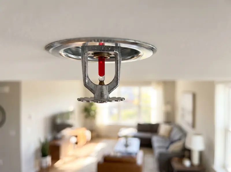A chrome fire sprinkler head mounted on the ceiling of a home