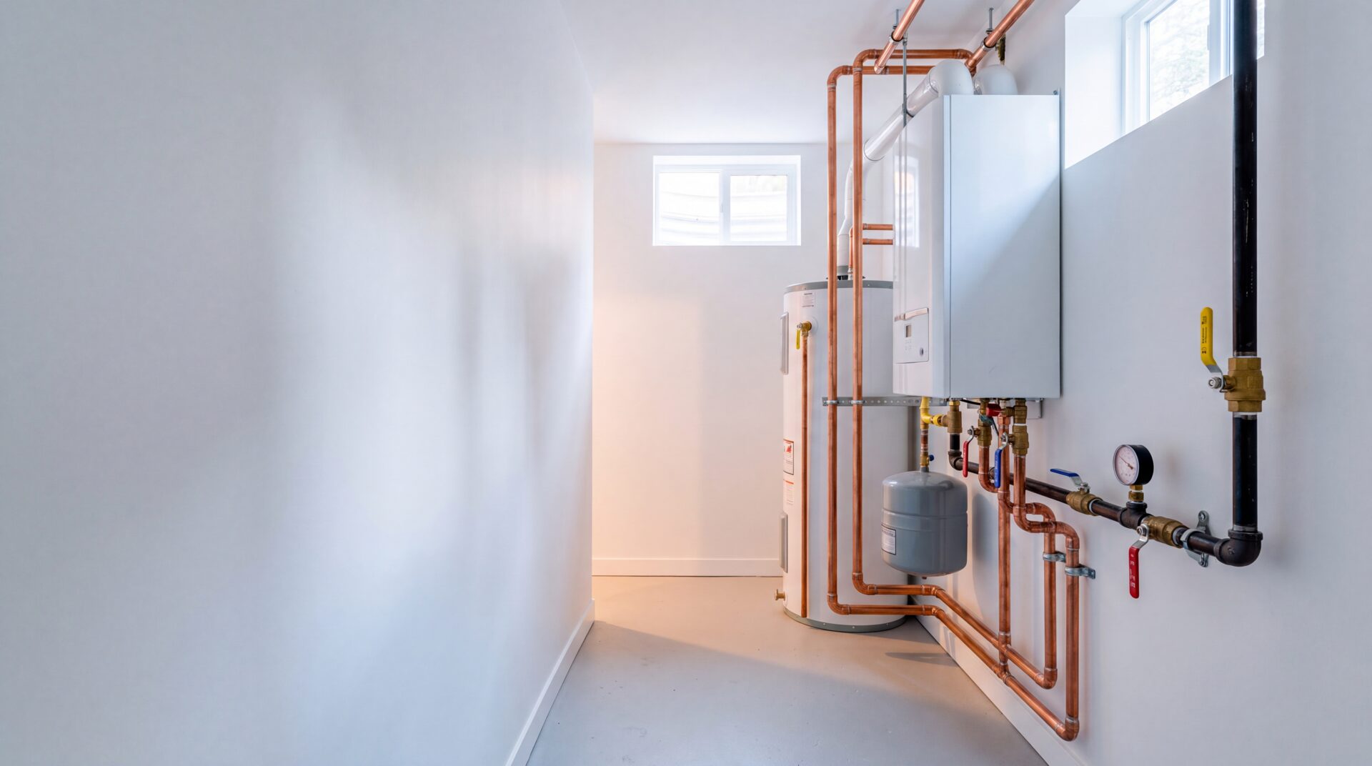 A newly installed wall-hung boiler, hot water tank and copper piping in a bright Vancouver basement