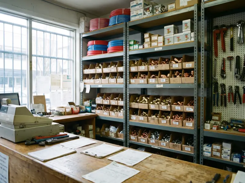 Parts counter with shelves of copper and brass fittings, tubing and valves